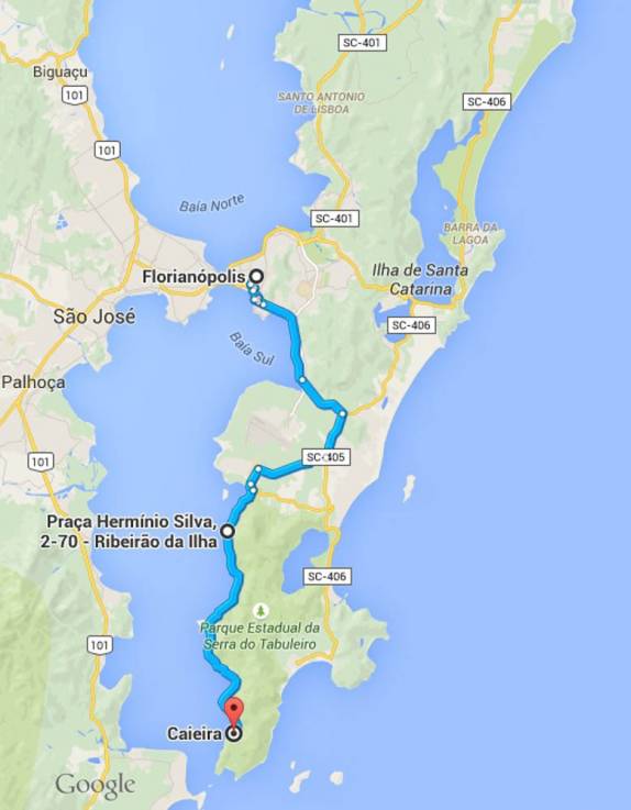 Nossa rota no dia 18. São 22 km em direção ao sul, até o Ribeirão da Ilha e outros 13 kms, parte deles em estrada de terra, até Caiera, no final do caminho, de onde parte a trilha para a praia de Naufragados